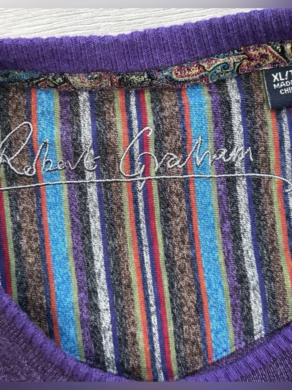 Robert Graham Men's XL Purple Heathered Long Sleeve Crew Neck Shirt Paisley Trim